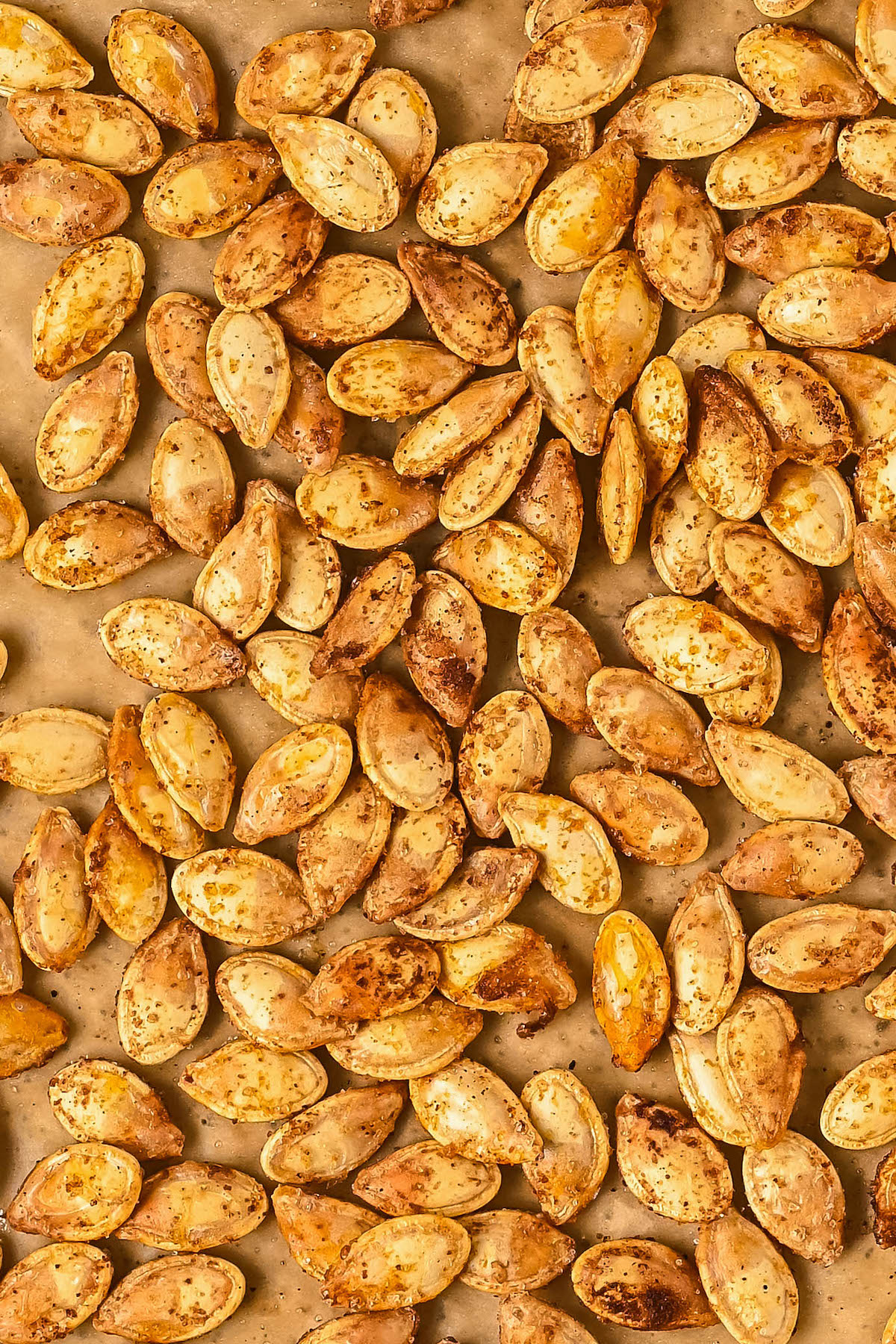 Close-up shot of seasoned, baked seeds.
