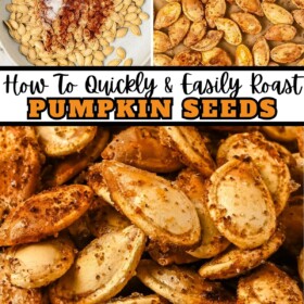 Showing how to roast pumpkin seeds on a sheet pan and roasted seeds in a bowl.