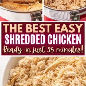 Chicken being shredded in an instant pot and shredded chicken in a bowl.