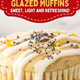 A lemon poppyseed muffin drizzled with lemon glaze.