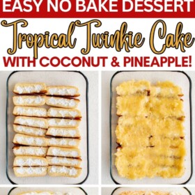 Tropical twinkie cake being assembled in a casserole dish and cut into slices on plates.