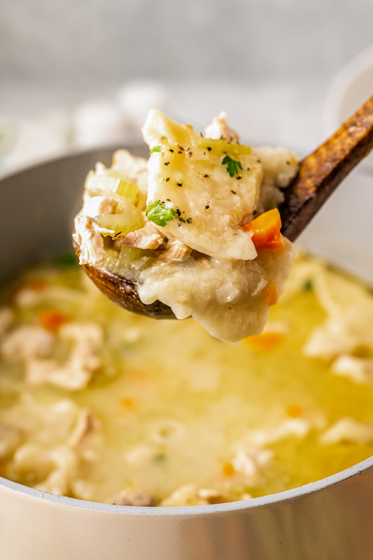 Lifting a spoonful of southern style chicken and dumplings out of a pot.