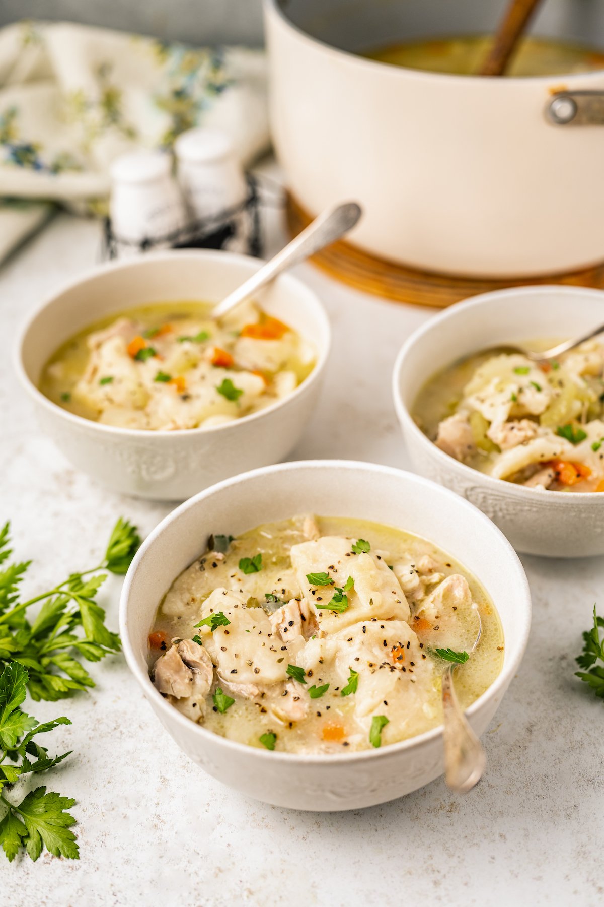 Three bowls of homemade chicken and dumplings next to a large soup pot.