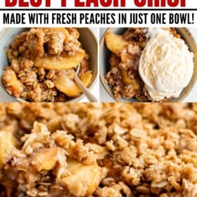 Peach crisp in a bowl with ice cream on top.