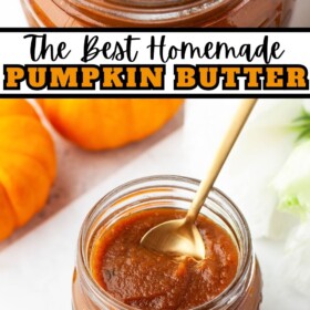 Pumpkin butter in jars with a spoon.