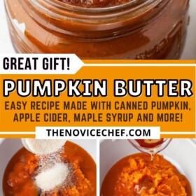 Pumpkin butter in a jar with a spoon and pumpkin butter being made in a skillet.