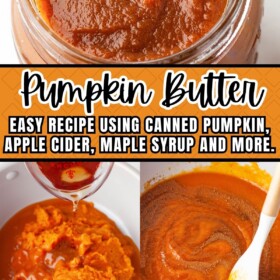 Homemade pumpkin butter in a jar and a skillet filled with pumpkin puree, maple syrup and more.