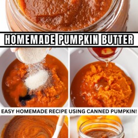 Pumpkin butter being cooked in a skillet and in a jar with a spoon.