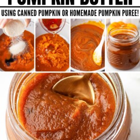 Pumpkin butter being made in a skillet and in a jar with a spoon.