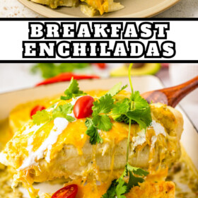 Breakfast enchiladas on a plate and being lifted out of a casserole dish.