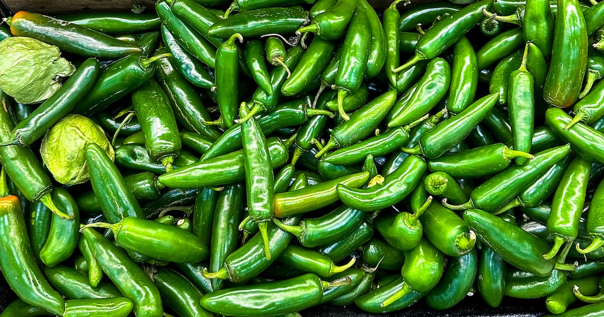 Serrano peppers piled on top of each other.