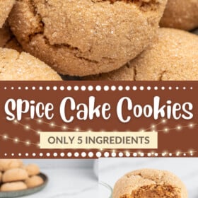 Spice cake cookies stacked on top of each other with a glass of milk.