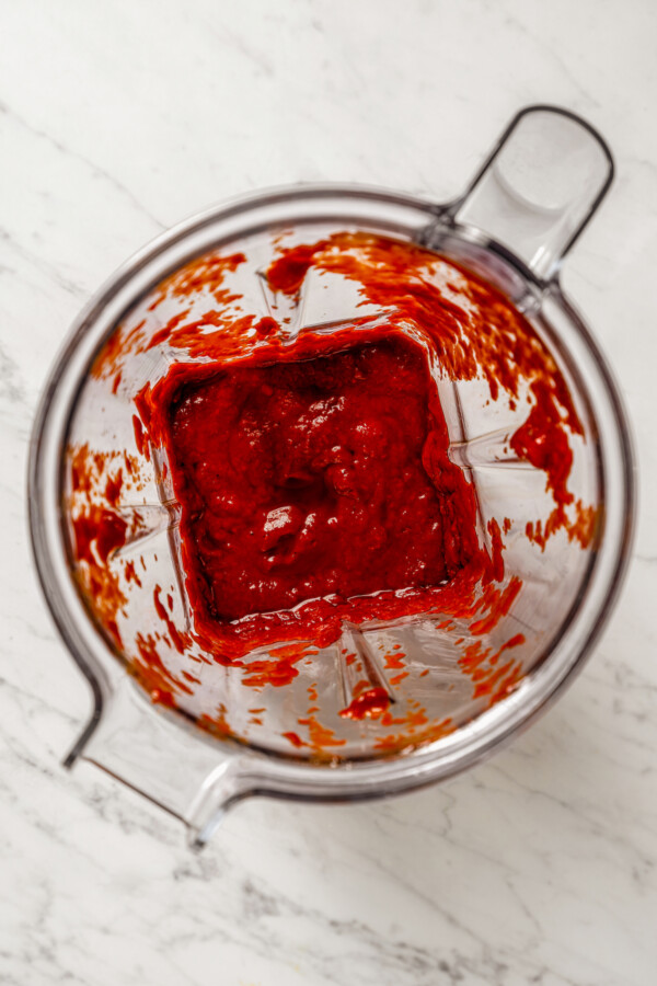 Puréed chile sauce in a blender.