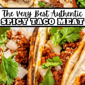 Spicy taco meat wrapped in tortillas with cilantro, onion and crumbled cheese.