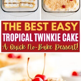 Twinkie cake being assembled in a baking dish and a slice on a plate with two cherries on top.