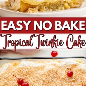 Slice of twinkie cake on a plate and a twinkie cake in a baking dish with toasted coconut and cherries on top.