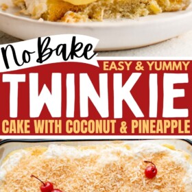 Tropical twinkie cake in a casserole dish and a slice on a plate with a cherry on top.
