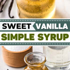 Vanilla Simple Syrup in a jar and in a jar next to vanilla beans.