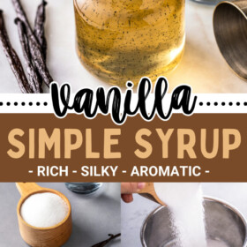 Vanilla Simple Syrup being made in a sauce pan and poured into a glass jar.