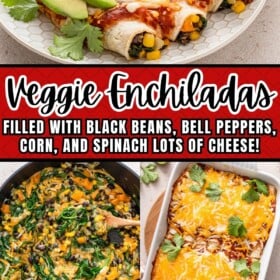 A skillet of vegetables and cheese and a platter of vegetarian enchiladas.