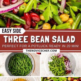 Three Bean Salad being made in a bowl with a vinaigrette dressing.