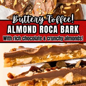Almond Roca Bark broken into pieces and stacked on top of each other.