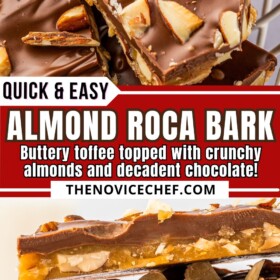 Almond Roca Bark in a basket and stacked on top of each other.
