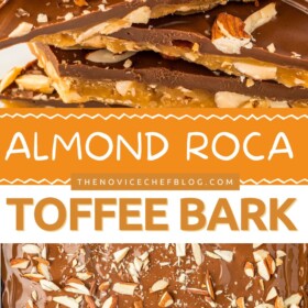 Almond Roca Bark broken into pieces and being prepared with almonds sprinkled over melted chocolate.
