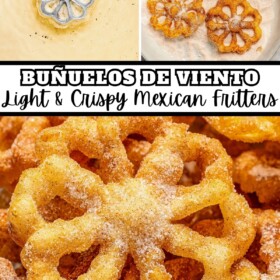 Buñuelos de Viento being cooked in a pot of oil, tossed in cinnamon sugar and stacked on top of each other in a bowl.