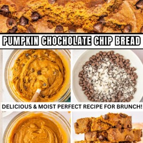A bowl of pumpkin quick bread batter with chocolate chips being added.