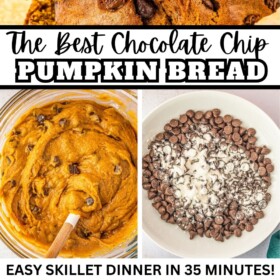 Pumpkin Chocolate Chip Bread being made in a bowl and topped with chocolate chips.