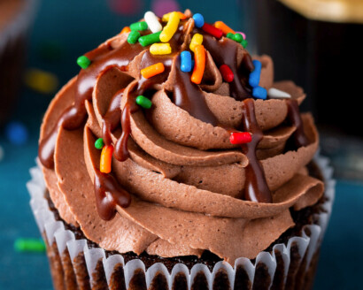 A chocolate cupcake with chocolate frosting and rainbow sprinkles.