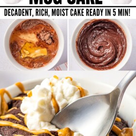 Chocolate Peanut Butter Mug Cake being made in a mug and cooked mug cake with a spoon taking a bite.