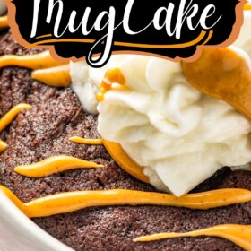 Chocolate Peanut Butter Mug Cake with peanut butter and whip cream on top.