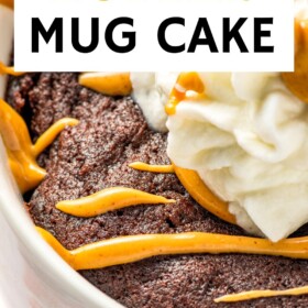 Chocolate Peanut Butter Mug Cake with whip cream on top.