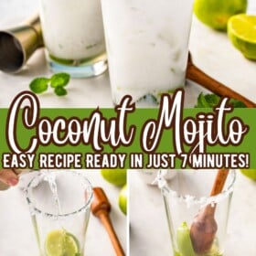 Coconut mojito being made in a glass with a muddler and swizzle stick.