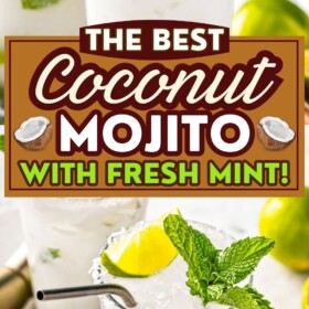 Coconut mojito in a glass with a straw.