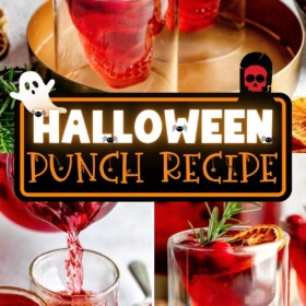 Skull cocktail glasses filled with red Halloween punch.