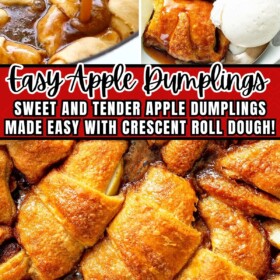 Crescent Roll Apple Dumplings baked in a casserole dish and being prepared and coated in sauce before baking.