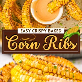 Cripsy corn ribs dunked into spicy sauce and on a plate.