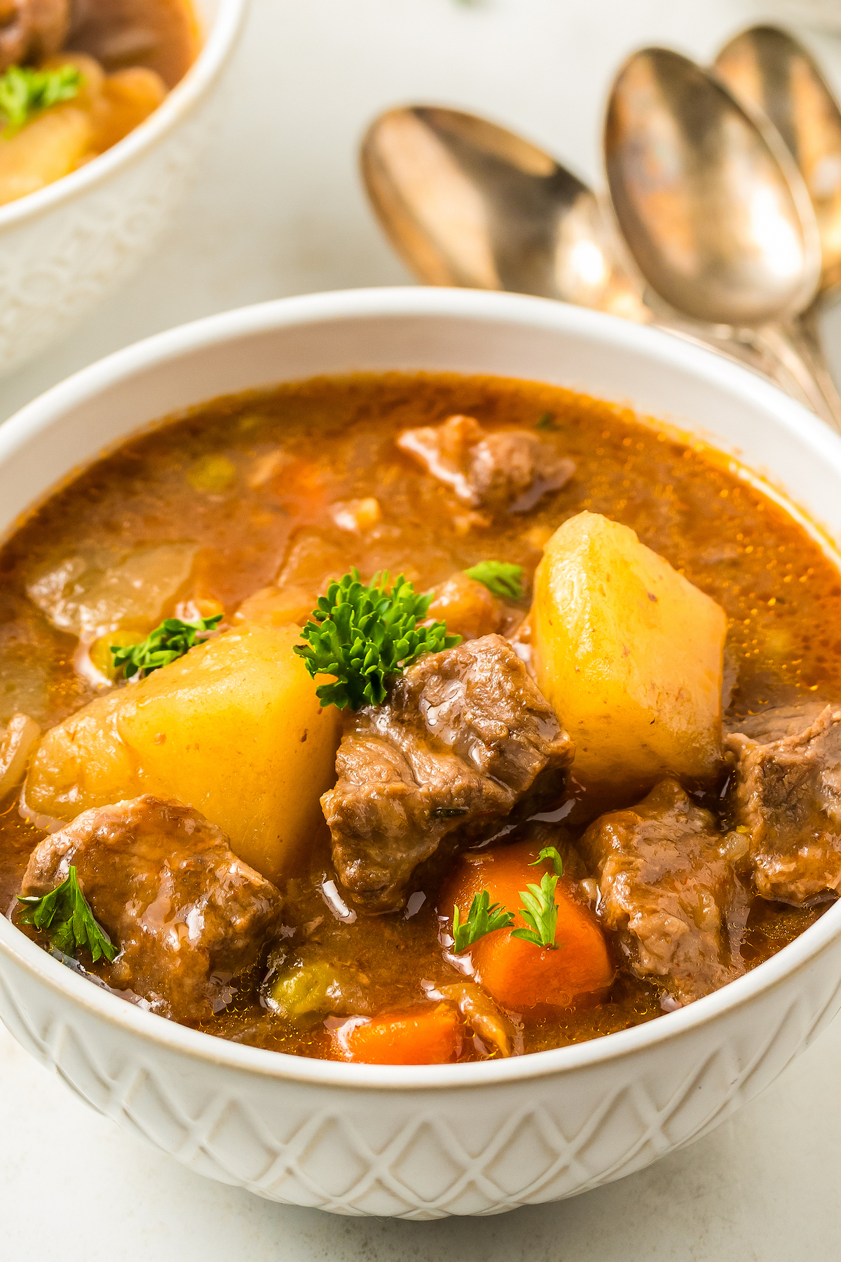 Slow cooker beef stew with apples and apple cider.