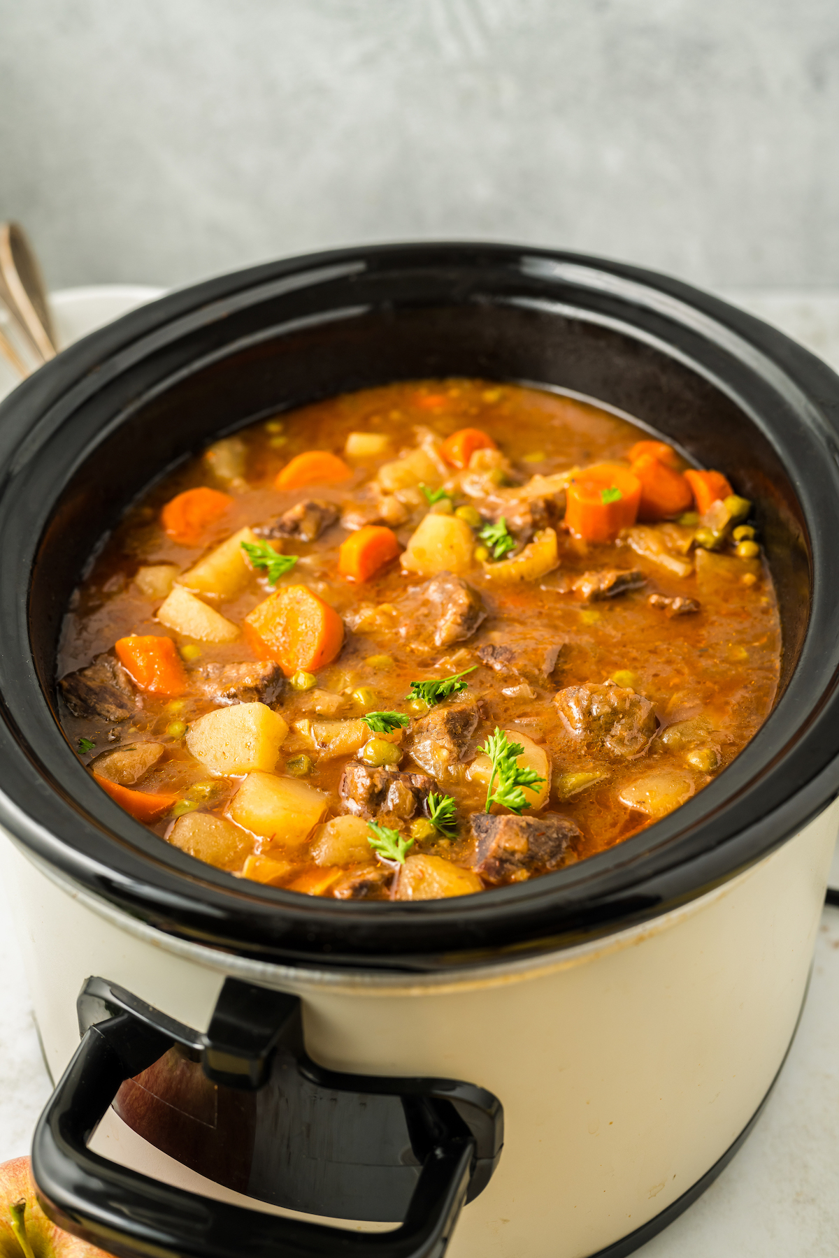 A crockpot full of homemade beef stew.