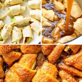 Apple dumplings rolled and placed in a baking dish, sauce being poured over unbaked dumplings and a baking dish with golden brown apple dumplings with crescent rolls.