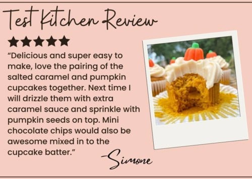 A review card features a handwritten-style Test Kitchen Review, a 5-star rating, and a photo of bitten pumpkin cupcakes topped with candy pumpkins. A reviewer praises the cupcake’s flavor and suggests adding caramel and pumpkin seeds.