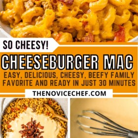 A bowl of Easy Cheeseburger Macaroni and the macaroni being cooked in a skillet.