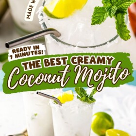 Coconut mojito in a glass with fresh mint and lime wedge garnish.