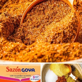 Sazon seasoning in a bowl with a teaspoon scooping up some seasoning.
