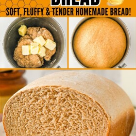 Honey Wheat Bread sliced to show the inside and dough in a bowl.