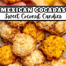 Mexican Cocadas on a cookie sheet lined with parchment paper with a bite taken out of one of the candies.