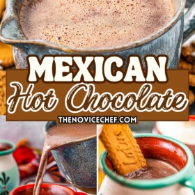 Mexican hot chocolate being poured into a mug.